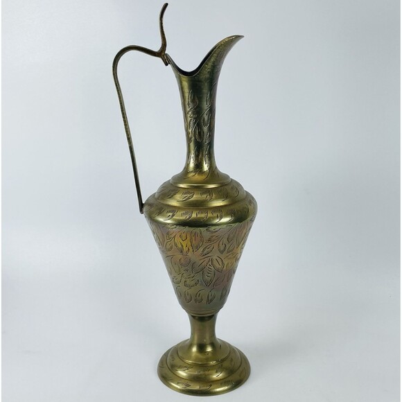 Other - Vintage Etched Brass Ewer Urn Vase Pitcher Jug Cobra Handle Ornate 12in